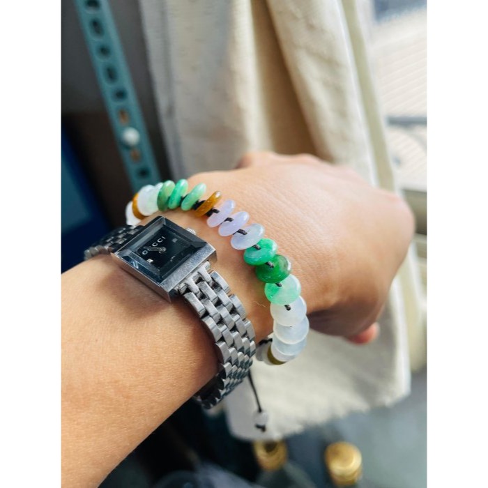 天然A貨緬甸玉 冰多寶平安扣翡翠手鍊/手串14CM手圍 綠陽白冰淡紫茶黃 色艷多彩顆顆完美-細節圖9