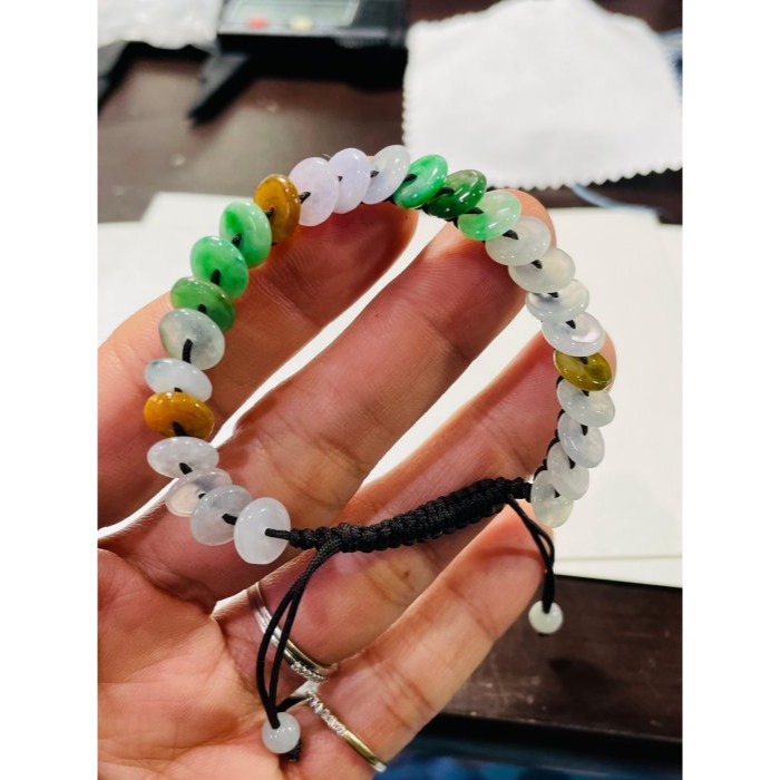 天然A貨緬甸玉 冰多寶平安扣翡翠手鍊/手串14CM手圍 綠陽白冰淡紫茶黃 色艷多彩顆顆完美-細節圖10