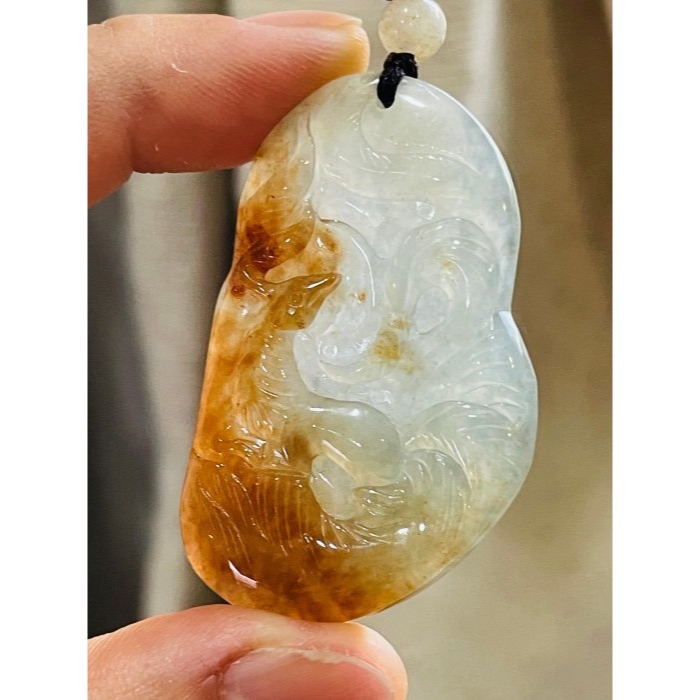 天然A貨緬甸玉 冰種蜜糖紅雙彩九尾狐狸翡翠玉墜 天然老坑冰紅 帶透字白冰 色澤艷亮-細節圖2