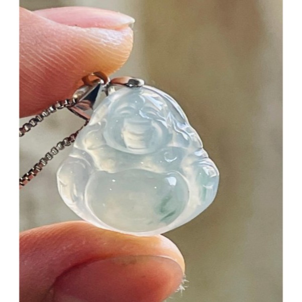 天然A貨緬甸玉 高冰飄花佛公/彌勒佛翡翠小佛墜 晶透冰起光感 冰膠底裝藍花增彩 肚圓澎財庫飽-細節圖6