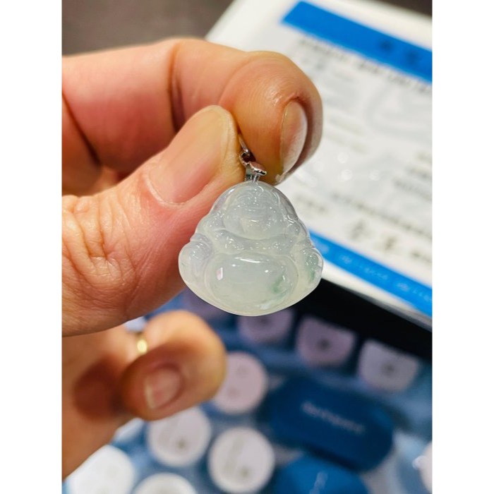 天然A貨緬甸玉 高冰飄花佛公/彌勒佛翡翠小佛墜 晶透冰起光感 冰膠底裝藍花增彩 肚圓澎財庫飽-細節圖10