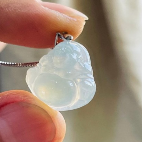 圈粉價~天然A貨緬甸玉 高冰晴水佛公/彌勒佛翡翠玉墜 泛光純淨起光感 晶透乾淨淡綠底色 法像福氣肚飽滿-細節圖3