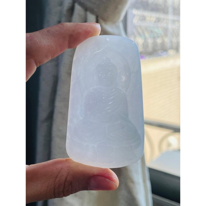 天然A貨緬甸玉 白冰純色阿彌陀佛翡翠佛牌 乾淨奶白底色 厚實方正一刀切牌形 法像莊嚴-細節圖8