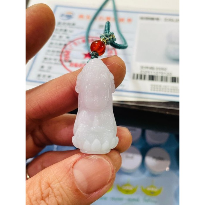 天然A貨緬甸玉 細潤粉春彩立體Q版坐蓮淨瓶觀音翡翠玉墜 膠潤芙蓉底庄 粉嫩紫綠半山水色 法像超Q 大小易配戴-細節圖9