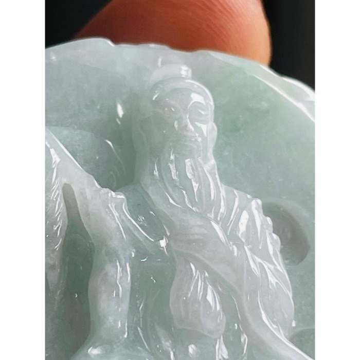 天然A貨緬甸玉 細潤白底青雙面雕太上老君翡翠八卦玉牌 透手影膠潤底庄 厚實雕工立體 背面先天八卦-細節圖2