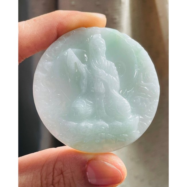 天然A貨緬甸玉 細潤白底青雙面雕太上老君翡翠八卦玉牌 透手影膠潤底庄 厚實雕工立體 背面先天八卦-細節圖3