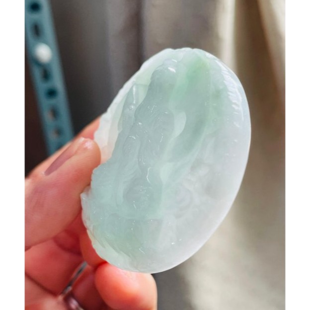 天然A貨緬甸玉 細潤白底青雙面雕太上老君翡翠八卦玉牌 透手影膠潤底庄 厚實雕工立體 背面先天八卦-細節圖4