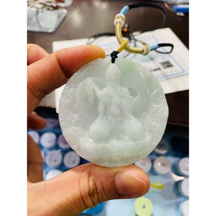 天然A貨緬甸玉 細潤白底青雙面雕太上老君翡翠八卦玉牌 透手影膠潤底庄 厚實雕工立體 背面先天八卦-細節圖9