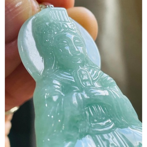 天然A貨緬甸玉 冰潤青綠持笏媽祖/天上聖母翡翠玉墜 細肉水潤 色滿勻稱 大小適中 完美一刀切-細節圖2