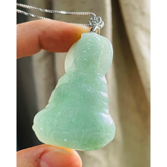 天然A貨緬甸玉 冰潤青綠持笏媽祖/天上聖母翡翠玉墜 細肉水潤 色滿勻稱 大小適中 完美一刀切-細節圖4