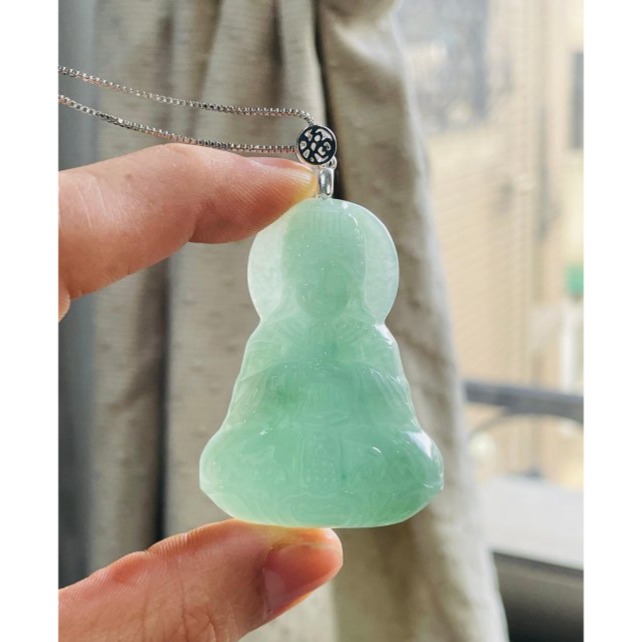 天然A貨緬甸玉 冰潤青綠持笏媽祖/天上聖母翡翠玉墜 細肉水潤 色滿勻稱 大小適中 完美一刀切-細節圖8