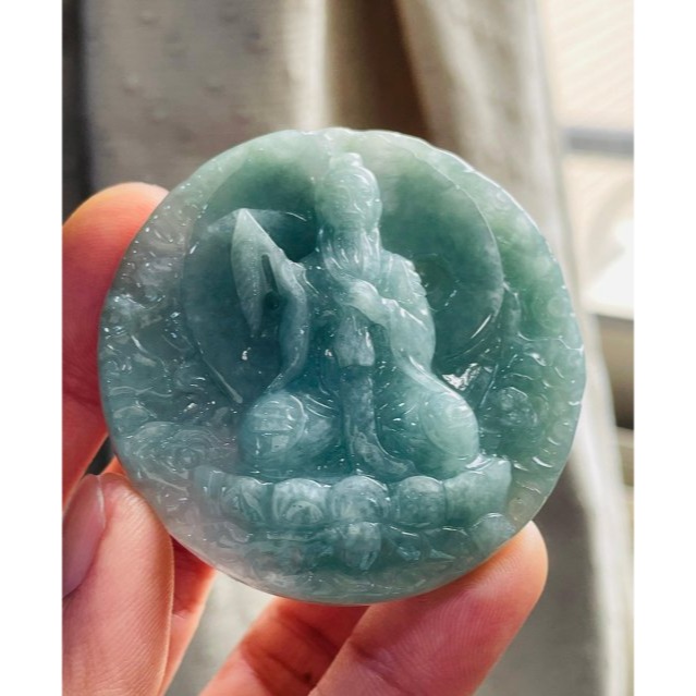 天然A貨緬甸玉 冰潤湖綠雙面雕太上老君翡翠八卦玉牌 起冰滿綠底色 底妝膠潤 厚實雕工立體 背面先天八卦-細節圖2