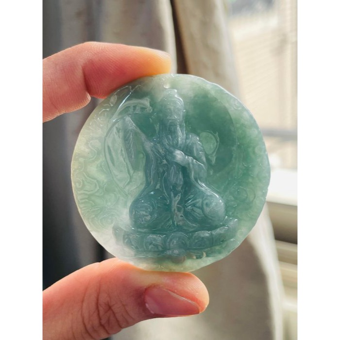 天然A貨緬甸玉 冰潤湖綠雙面雕太上老君翡翠八卦玉牌 起冰滿綠底色 底妝膠潤 厚實雕工立體 背面先天八卦-細節圖8