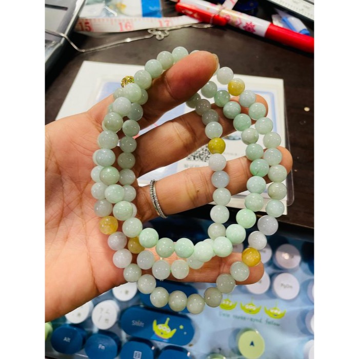 天然A貨緬甸玉 冰潤淡綠底色圓珠7.5mm翡翠珠鍊 長度73cm 完美度95% 搭配掛件 質量加乘-細節圖10