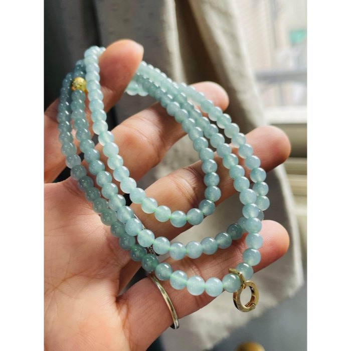 天然A貨翡翠 高冰危藍圓珠4.8mm翡翠珠鍊 65cm長度 藍透綠冰種瓜料 顆顆完美透線-細節圖2