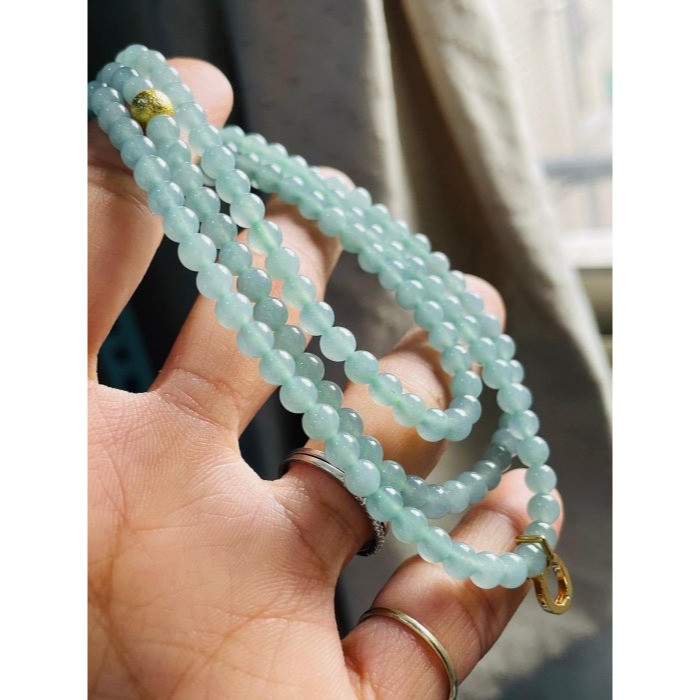 天然A貨翡翠 高冰危藍圓珠4.8mm翡翠珠鍊 65cm長度 藍透綠冰種瓜料 顆顆完美透線-細節圖3