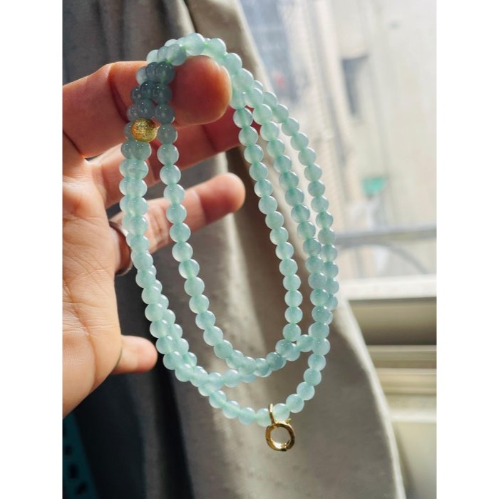 天然A貨翡翠 高冰危藍圓珠4.8mm翡翠珠鍊 65cm長度 藍透綠冰種瓜料 顆顆完美透線-細節圖8