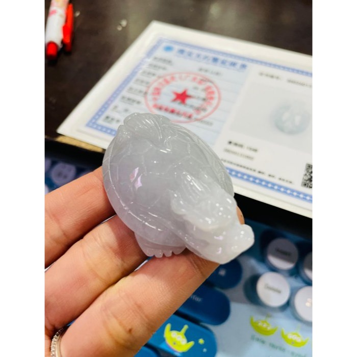 天然A貨緬甸玉 膠潤淡粉立體滿載而歸龍龜翡翠玉墜/擺件 滿色淡粉近白 底裝膠潤透光-細節圖10