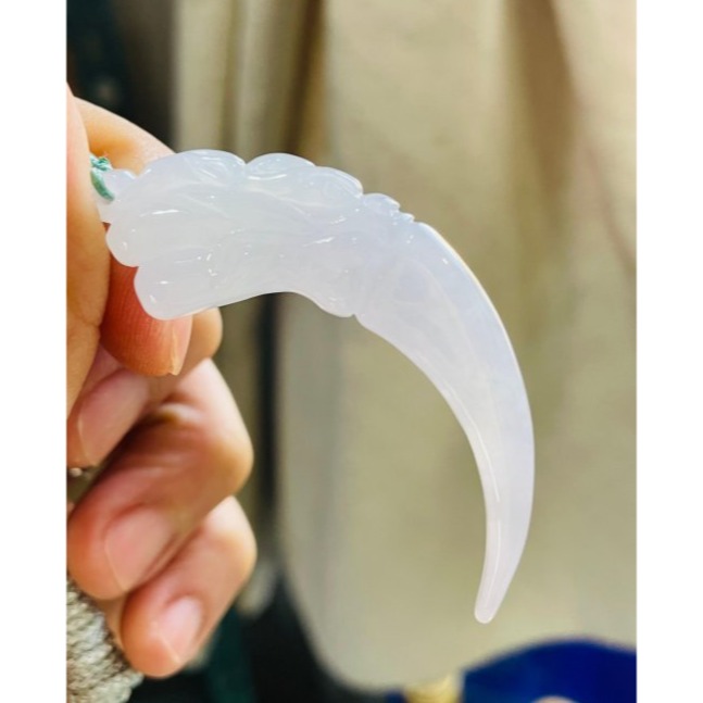 天然A貨緬甸玉 冰潤粉春彩雙面雕龍牙翡翠玉墜 晶透冰起膠底妝好水頭 粉嫩紫能見色-細節圖3