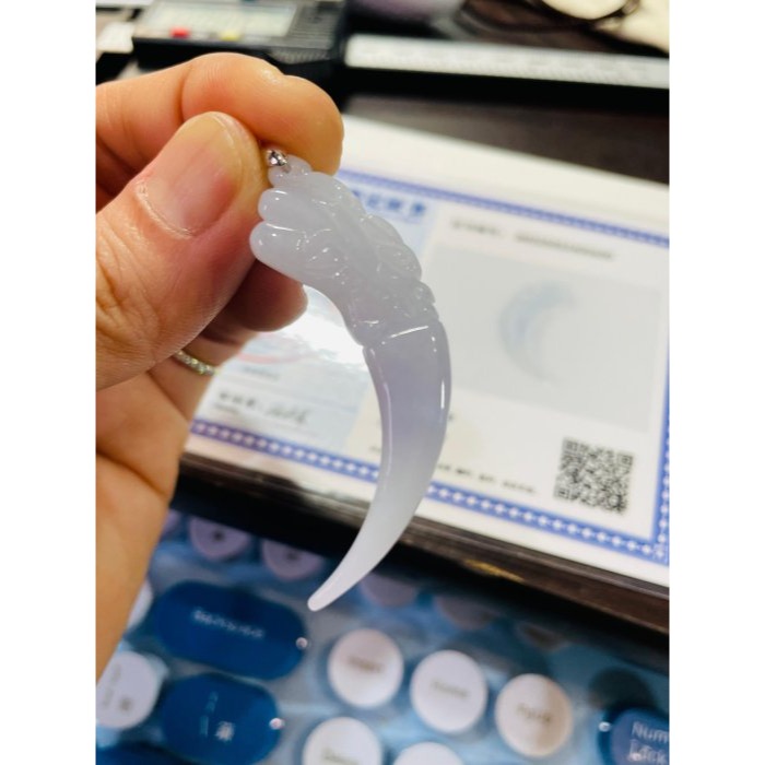 天然A貨緬甸玉 冰潤粉紫雙面雕龍牙翡翠玉墜 晶透冰起膠底妝好水頭 粉嫩紫能見色-細節圖10