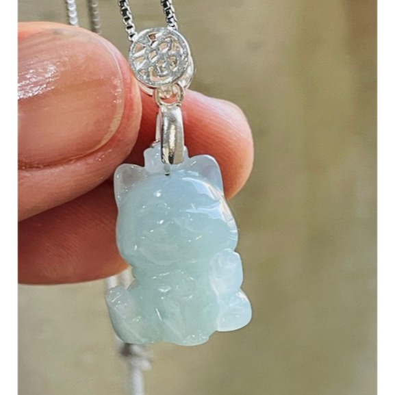 天然A貨緬甸玉 老坑藍綠手工俏雕福氣招財貓翡翠玉墜 冰帶膠感底妝 色純色滿 超可愛喵星人-細節圖2