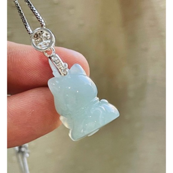 天然A貨緬甸玉 老坑藍綠手工俏雕福氣招財貓翡翠玉墜 冰帶膠感底妝 色純色滿 超可愛喵星人-細節圖6