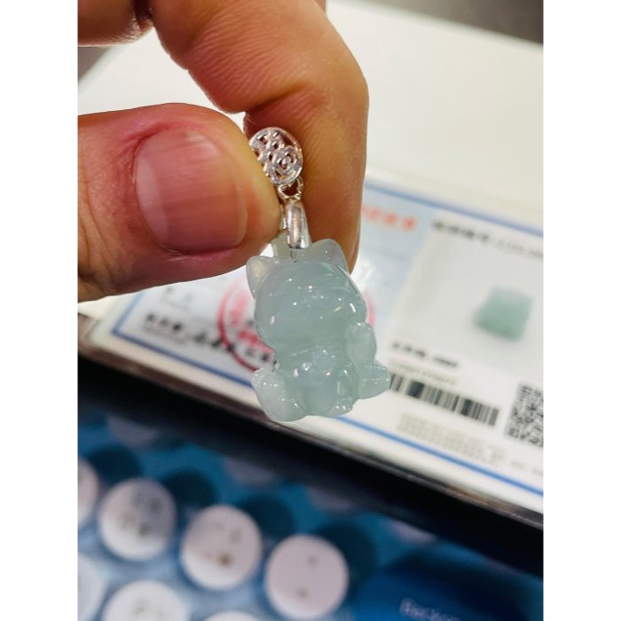 天然A貨緬甸玉 老坑藍綠手工俏雕福氣招財貓翡翠玉墜 冰帶膠感底妝 色純色滿 超可愛喵星人-細節圖10