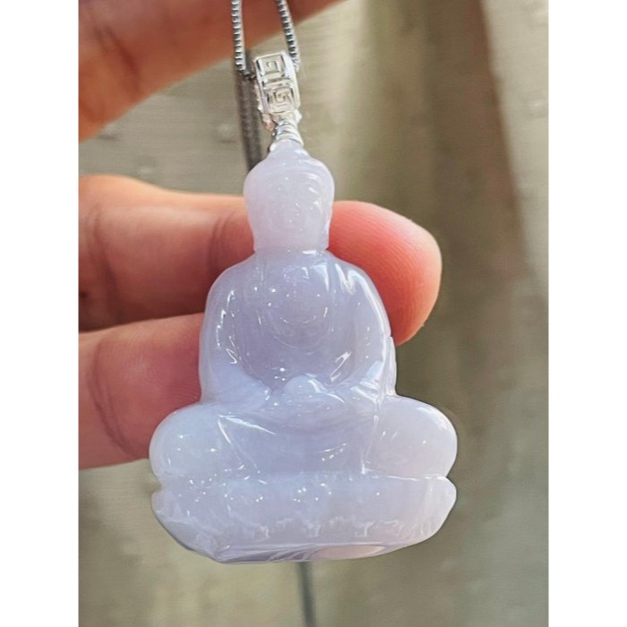 天然A貨緬甸玉 膠潤櫻花紫立體雕阿彌陀佛翡翠佛墜 細肉無晶體粉紫底色 種色耐看 法像清晰莊嚴-細節圖2