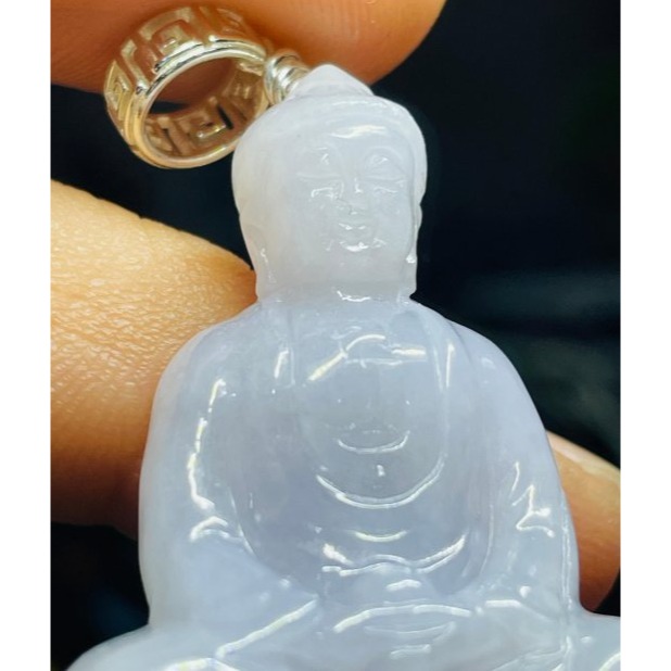 天然A貨緬甸玉 膠潤櫻花紫立體雕阿彌陀佛翡翠佛墜 細肉無晶體粉紫底色 種色耐看 法像清晰莊嚴-細節圖9