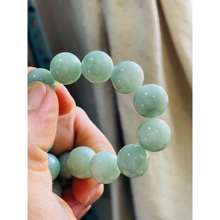 天然A貨緬甸玉 芙蓉種 細潤藍綠12.5mm圓珠翡翠手串/手鍊 19cm手圍 顆顆潤澤帶色 完美度99%-細節圖6