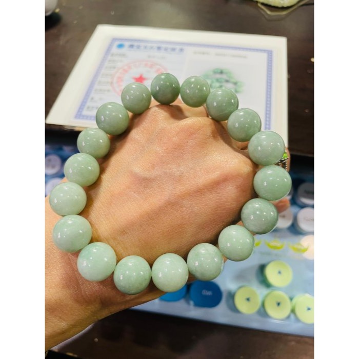 天然A貨緬甸玉 芙蓉種 細潤藍綠12.5mm圓珠翡翠手串/手鍊 19cm手圍 顆顆潤澤帶色 完美度99%-細節圖10