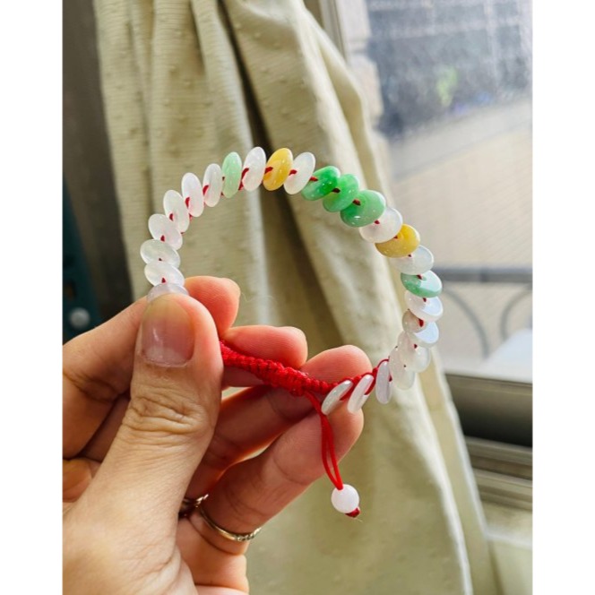 天然A貨緬甸玉 冰種多寶平安扣翡翠手鍊/手串15CM手圍 白冰清透 綠艷 黃亮 種色佳色彩豐富-細節圖2