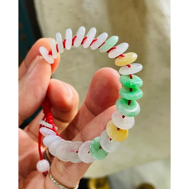 天然A貨緬甸玉 冰種多寶平安扣翡翠手鍊/手串15CM手圍 白冰清透 綠艷 黃亮 種色佳色彩豐富-細節圖3