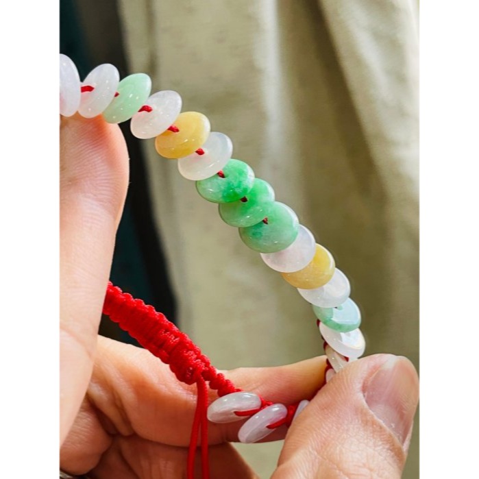 天然A貨緬甸玉 冰種多寶平安扣翡翠手鍊/手串15CM手圍 白冰清透 綠艷 黃亮 種色佳色彩豐富-細節圖5