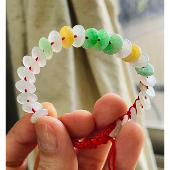天然A貨緬甸玉 冰種多寶平安扣翡翠手鍊/手串15CM手圍 白冰清透 綠艷 黃亮 種色佳色彩豐富-細節圖6