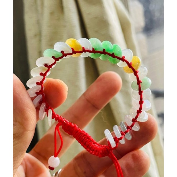 天然A貨緬甸玉 冰種多寶平安扣翡翠手鍊/手串15CM手圍 白冰清透 綠艷 黃亮 種色佳色彩豐富-細節圖7