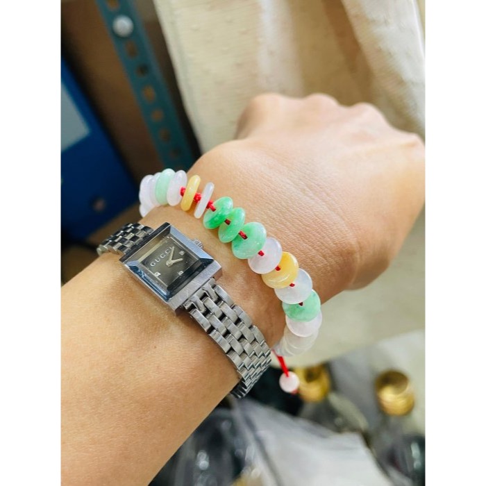 天然A貨緬甸玉 冰種多寶平安扣翡翠手鍊/手串15CM手圍 白冰清透 綠艷 黃亮 種色佳色彩豐富-細節圖8