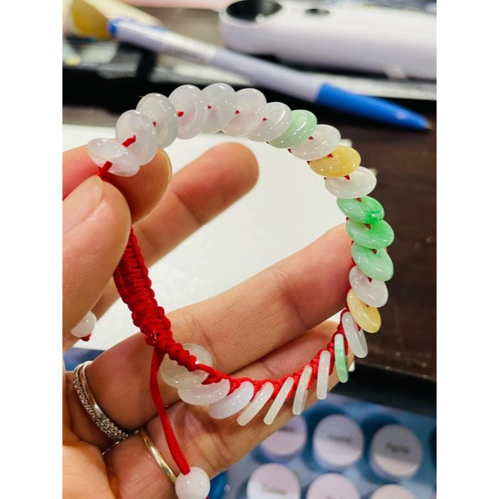 天然A貨緬甸玉 冰種多寶平安扣翡翠手鍊/手串15CM手圍 白冰清透 綠艷 黃亮 種色佳色彩豐富-細節圖11