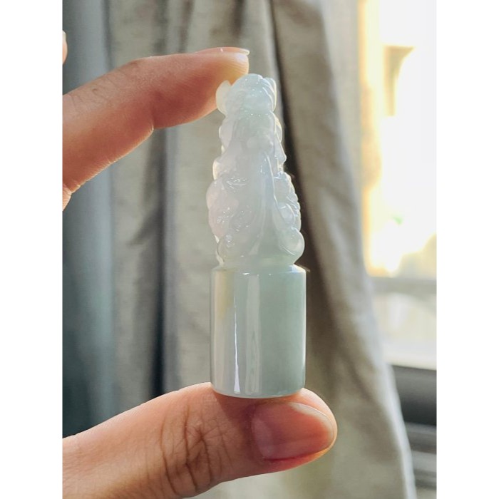 天然A貨緬甸玉 冰膠淡底色吸水龍翡翠印章/正圓印/私章 膠感底妝 淡綠底色藏一抹金 遇水則發 財源滾滾-細節圖2