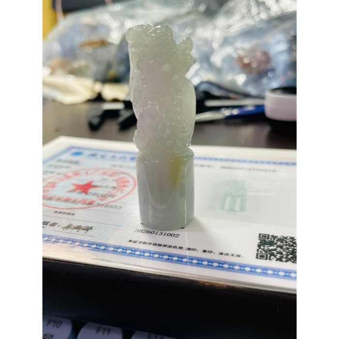天然A貨緬甸玉 冰膠淡底色吸水龍翡翠印章/正圓印/私章 膠感底妝 淡綠底色藏一抹金 遇水則發 財源滾滾-細節圖10