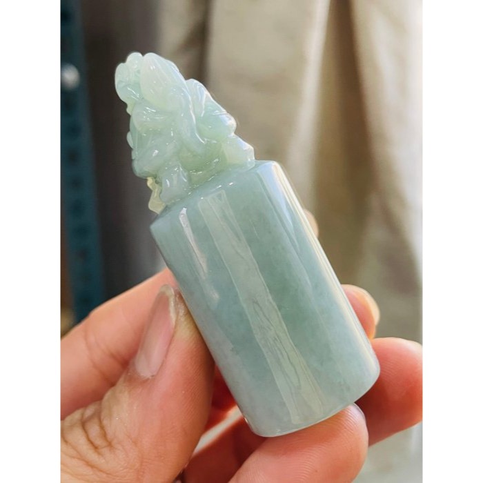 天然A貨緬甸玉 冰潤淺藍綠滿載而歸招財龍龜翡翠印章/正圓印/私章 冰透光過底滿綠不露白 2.2cm大印體-細節圖4