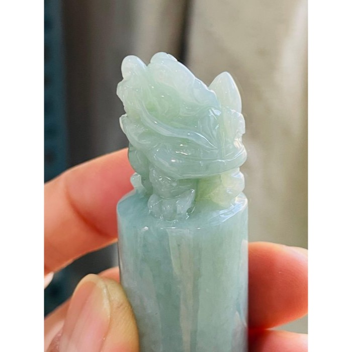 天然A貨緬甸玉 冰潤淺藍綠滿載而歸招財龍龜翡翠印章/正圓印/私章 冰透光過底滿綠不露白 2.2cm大印體-細節圖5