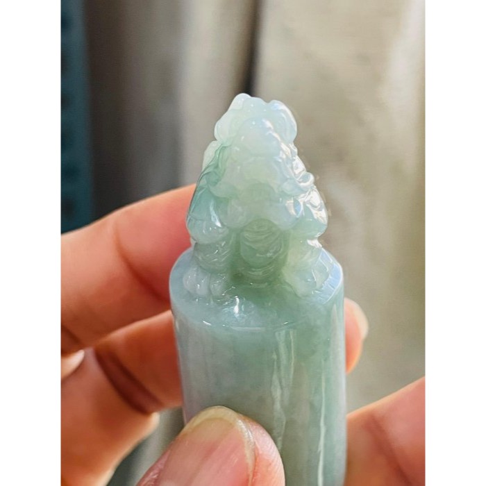 天然A貨緬甸玉 冰潤淺藍綠滿載而歸招財龍龜翡翠印章/正圓印/私章 冰透光過底滿綠不露白 2.2cm大印體-細節圖6