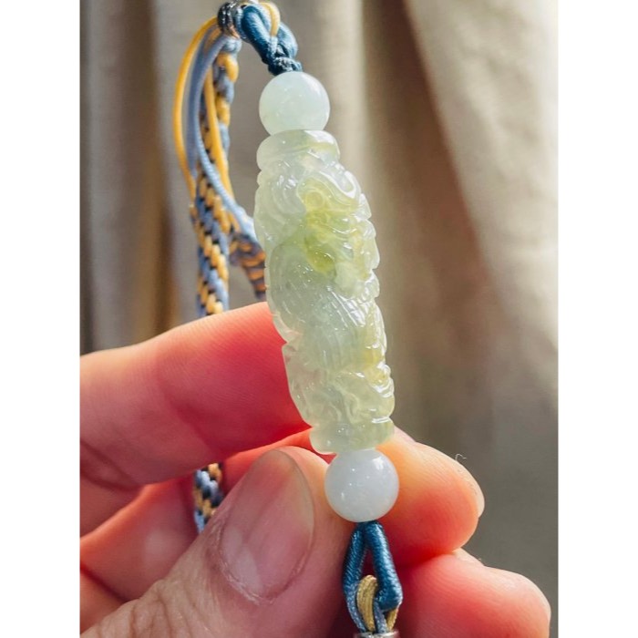 天然A貨緬甸玉 冰種黃加綠360度環繞滿雕一條龍翡翠龍珠/天珠手鍊 16cm手圍 泛光透繩晴底過度冰檸檬黃-細節圖2