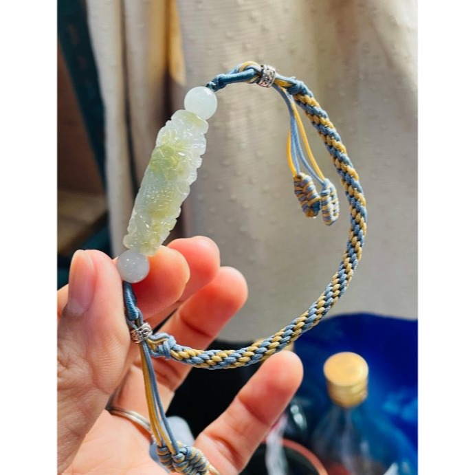 天然A貨緬甸玉 冰種黃加綠360度環繞滿雕一條龍翡翠龍珠/天珠手鍊 16cm手圍 泛光透繩晴底過度冰檸檬黃-細節圖7