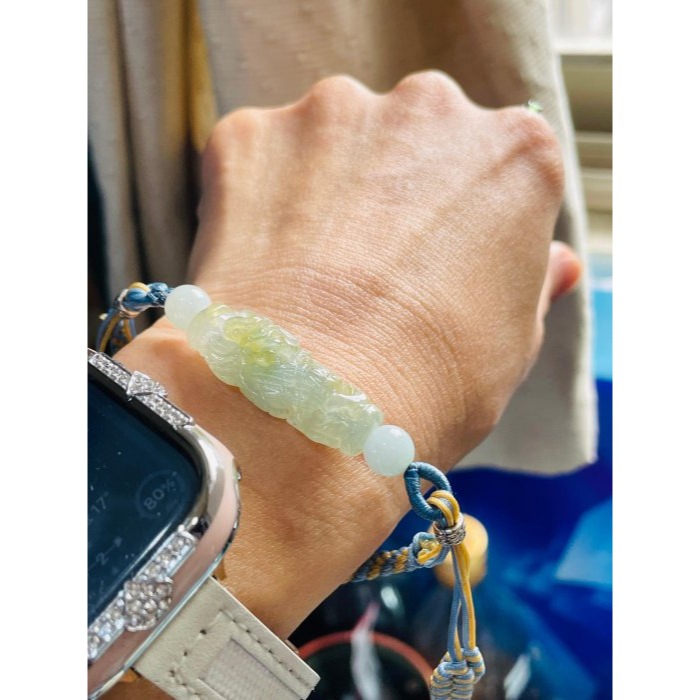 天然A貨緬甸玉 冰種黃加綠360度環繞滿雕一條龍翡翠龍珠/天珠手鍊 16cm手圍 泛光透繩晴底過度冰檸檬黃-細節圖8