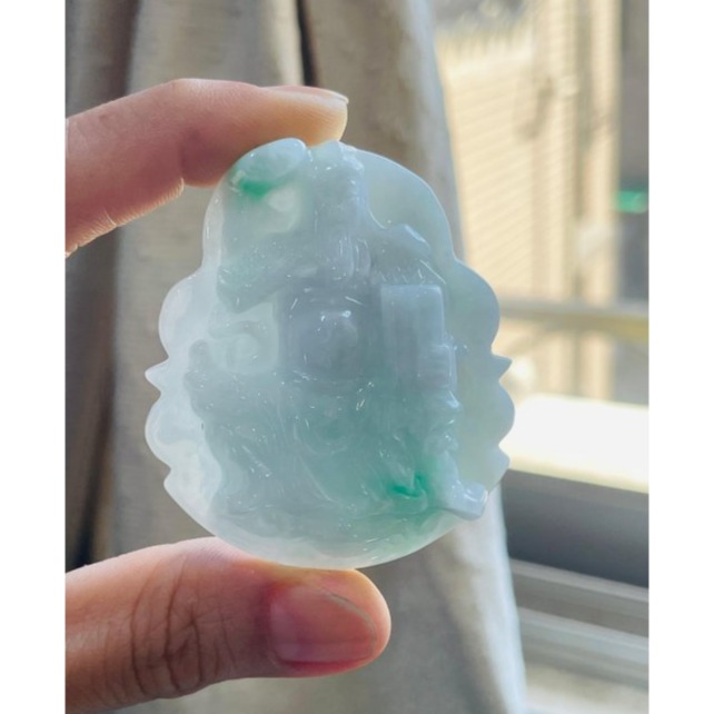 天然A貨緬甸玉 細潤辣色白底青文武關公翡翠玉牌 乾淨底妝 過底陽綠點翠 白綠分明 完美一刀切牌形-細節圖8