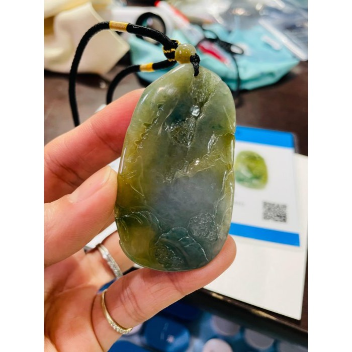 天然A貨緬甸玉 老坑黃加綠手工雕財氣沖天翡翠山水牌 冰膠底妝 茶黃巧發財樹 藍綠俏如意靈芝 油潤透光-細節圖10