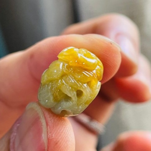 天然A貨緬甸玉 冰潤梨黃漸變手工環繞微雕一條龍翡翠小龍珠 老熟油潤 起冰天然黃漸變三色-細節圖4