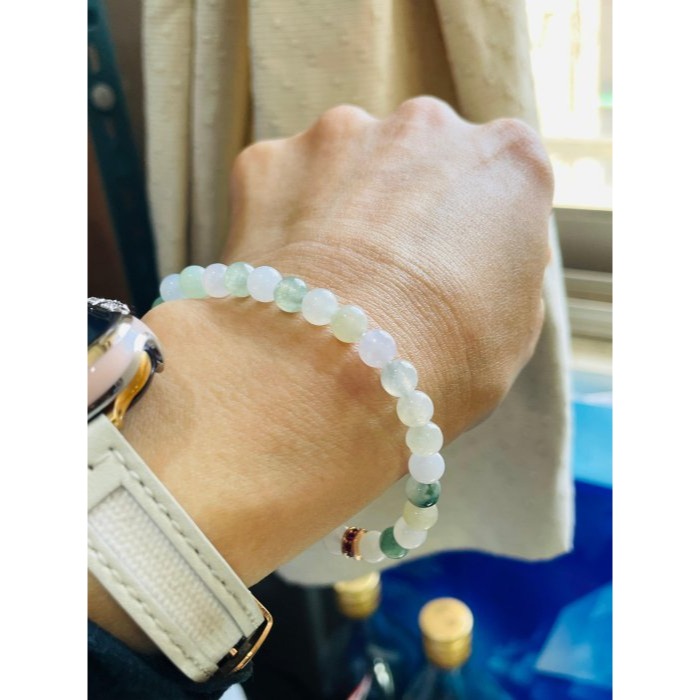 天然A貨緬甸玉 冰多寶6mm圓珠翡翠手鍊/手串17cm手圍 冰微透繩雪梨黃.白冰.晴綠.油綠.飄花 完美度95%-細節圖9